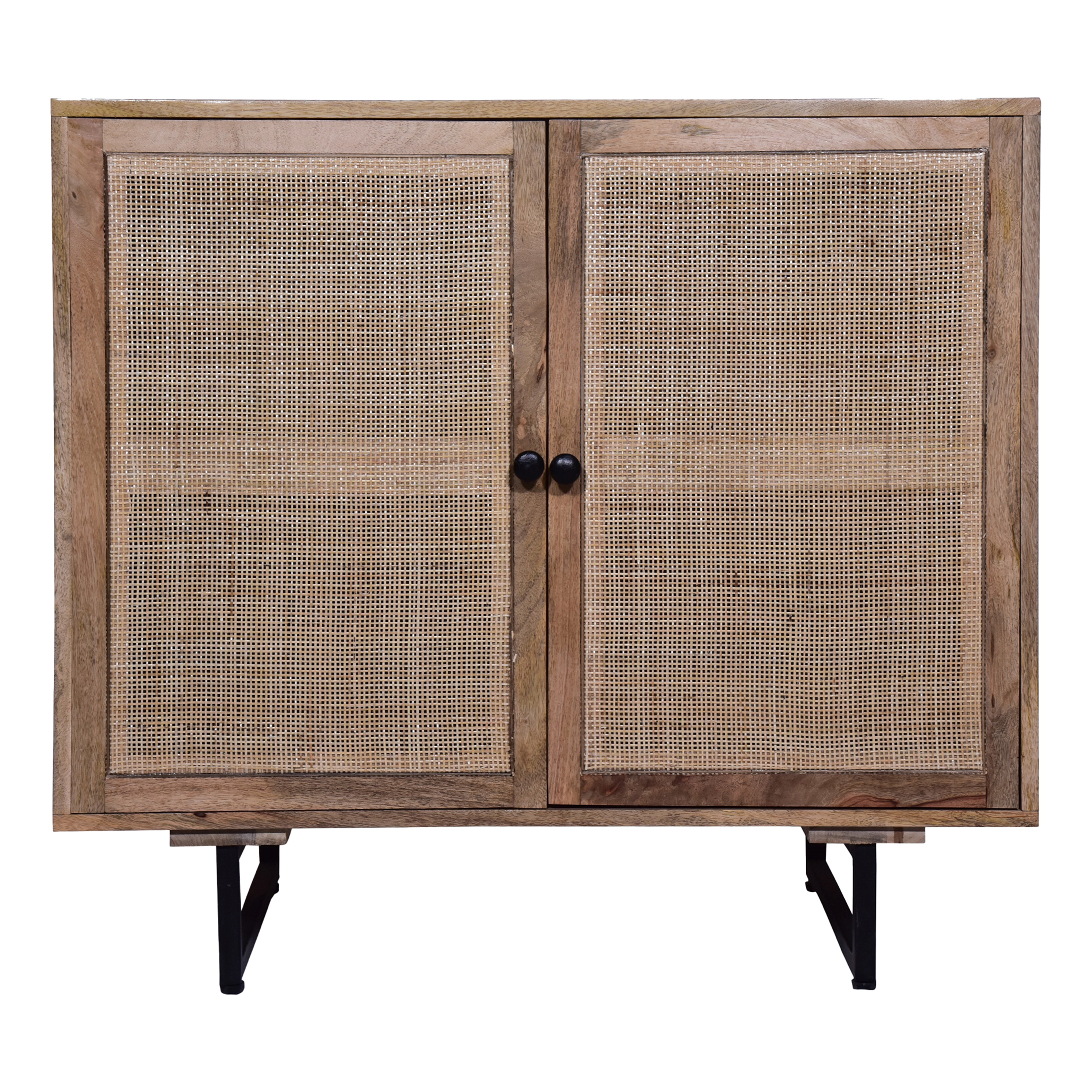 The Urban Port 35 Inch Handcrafted Accent Cabinet with 2 Mesh Rattan Doors, Black Iron Legs, Brown Mango Wood Frame