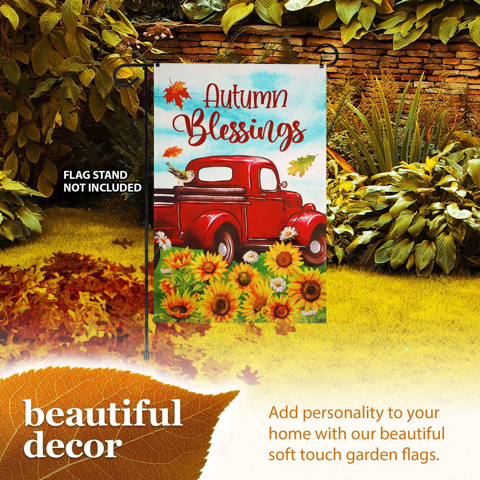 G128 Autumn Blessings Red Truck Sunflower Garden Flag 12x18, Double-Sided Fall Yard Decoration