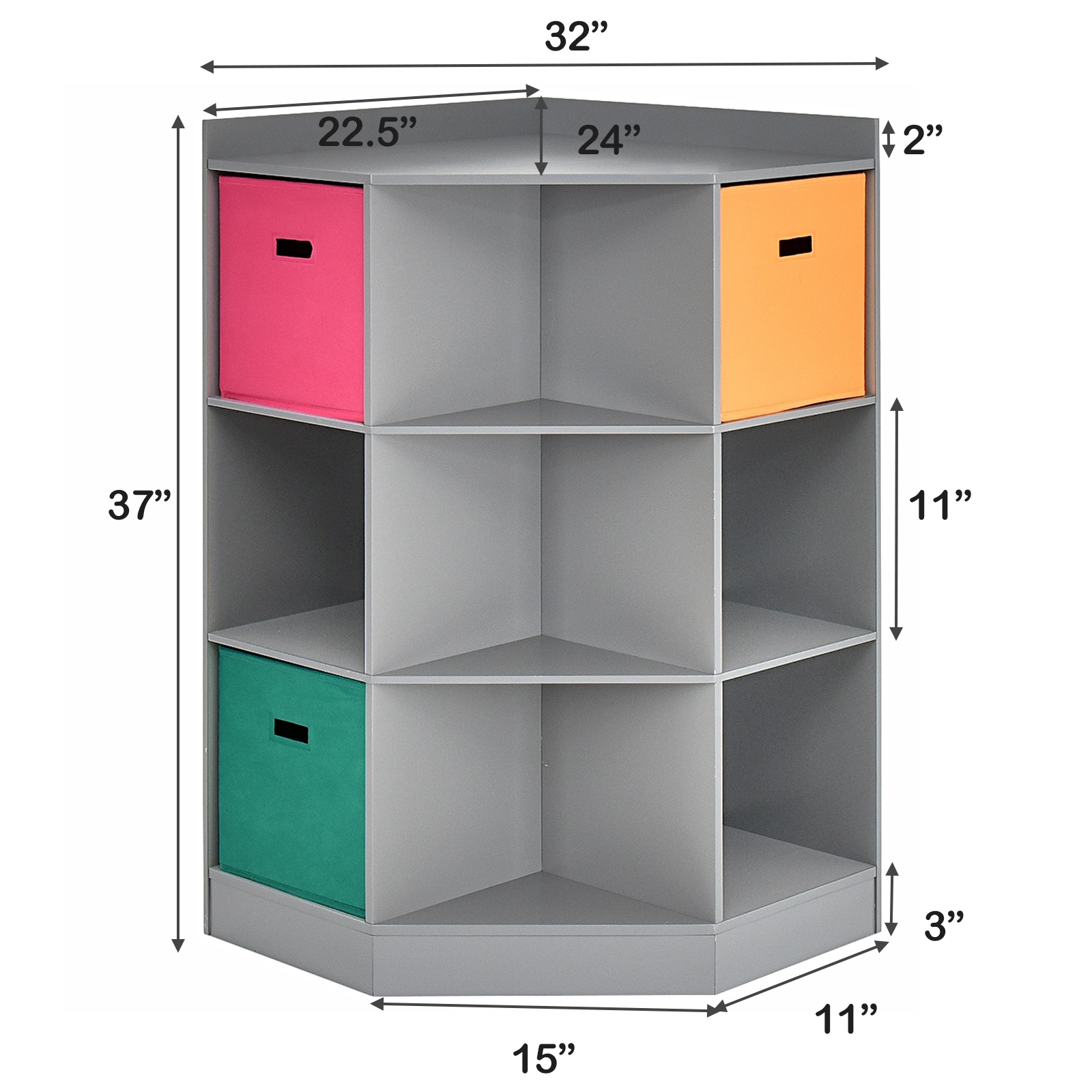 SUGIFT 3-Tier 110-lb Top Corner Kids Storage Shelf and Cabinet with 6 Square Cubes and Triangle Shelves