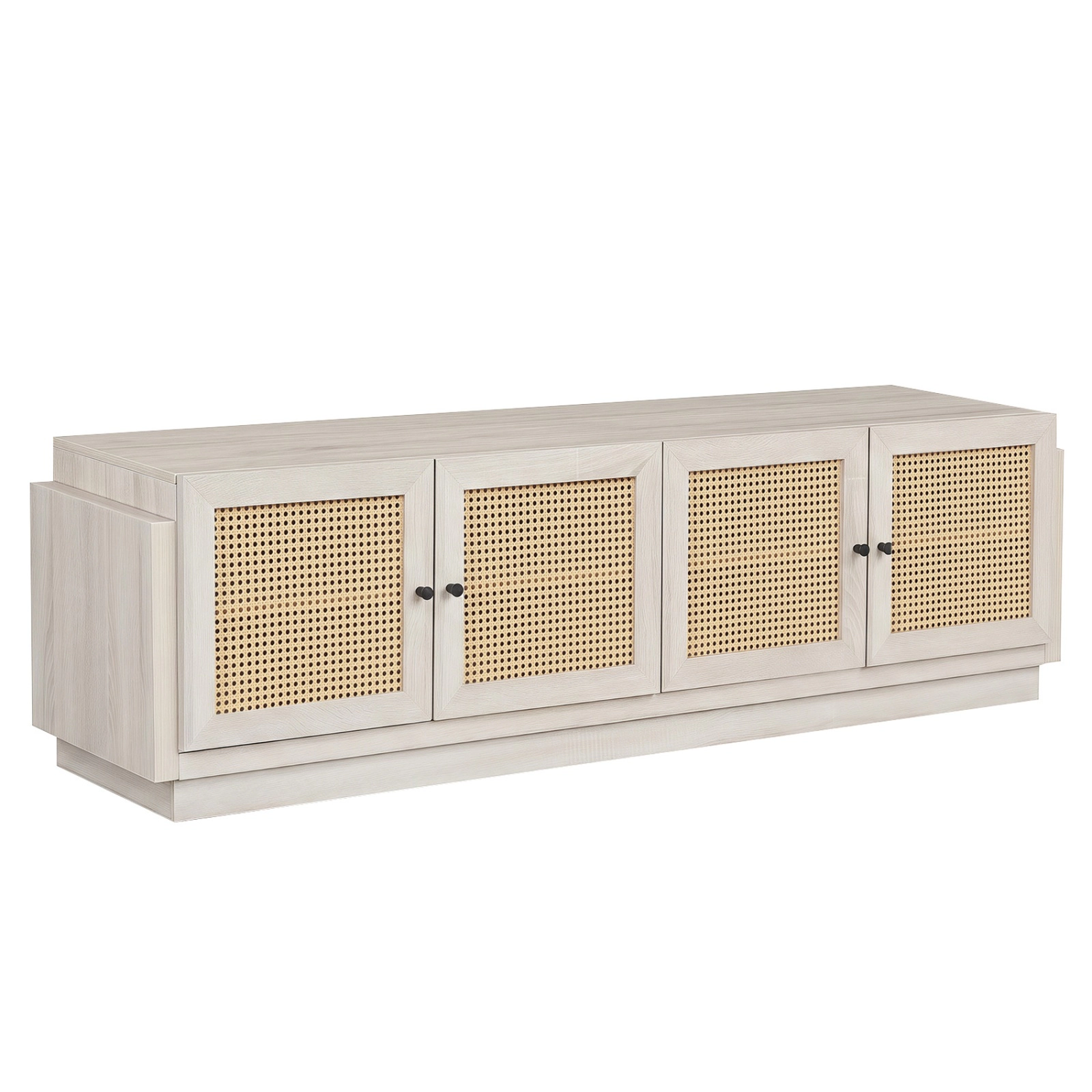 SUGIFT 70-In White Farmhouse TV Stand for TVs Up to 75 Inches, 4 PE Rattan Doors