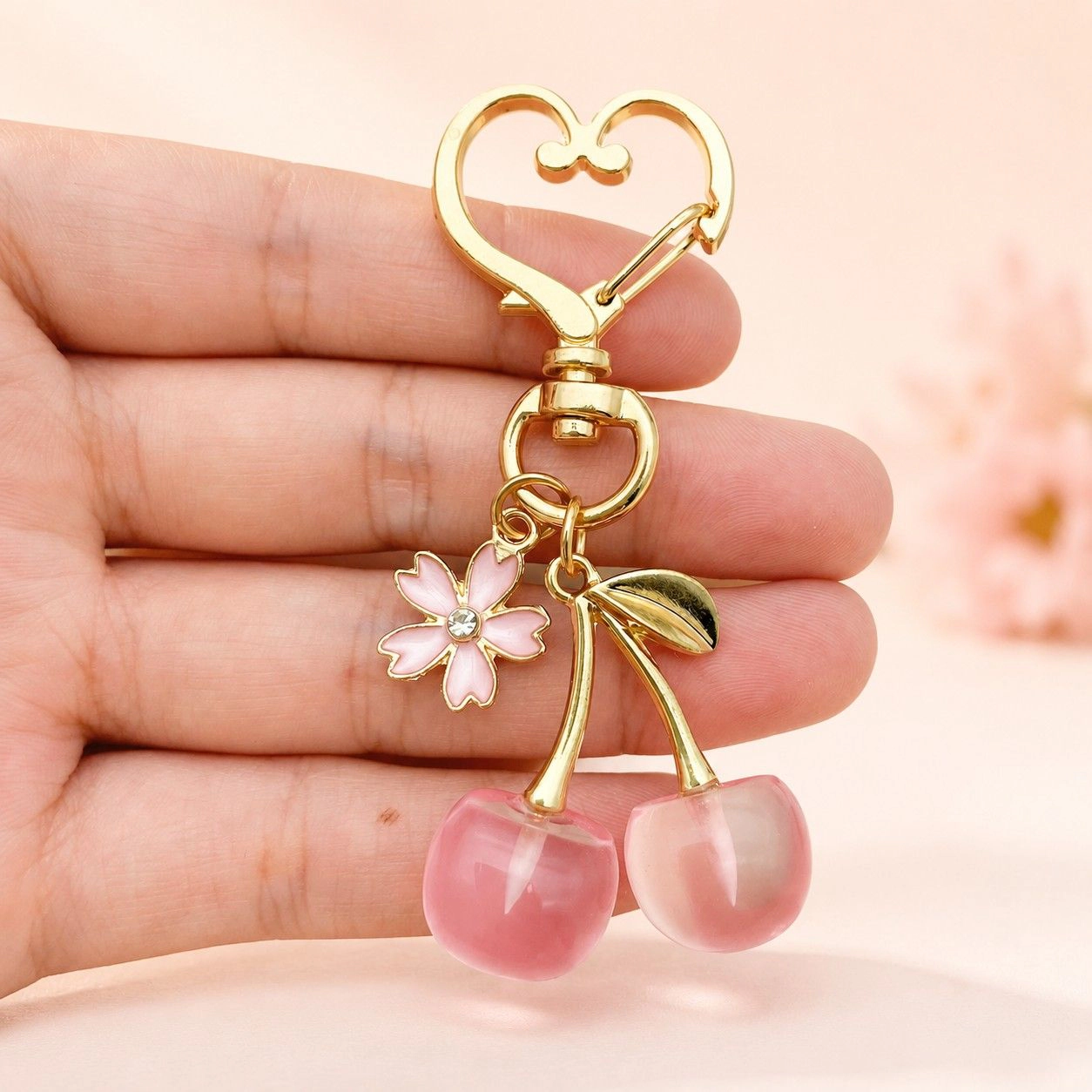 Alilang Women's 2-Pack Translucent Cherry Bag Charm Keychains with Flower Accents and Gold-Tone Heart Clasps