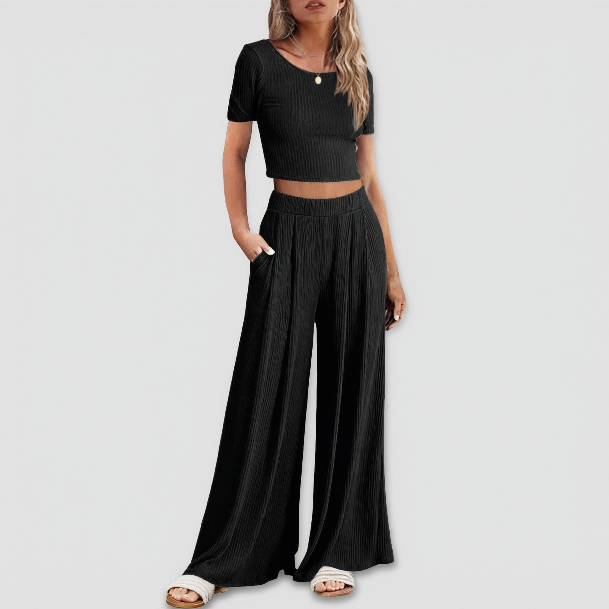 Ekouaer Women's 2 Piece Lounge Sets Short Sleeve Pajama Set Ribbed Knit Crop Top Wide Leg Pants