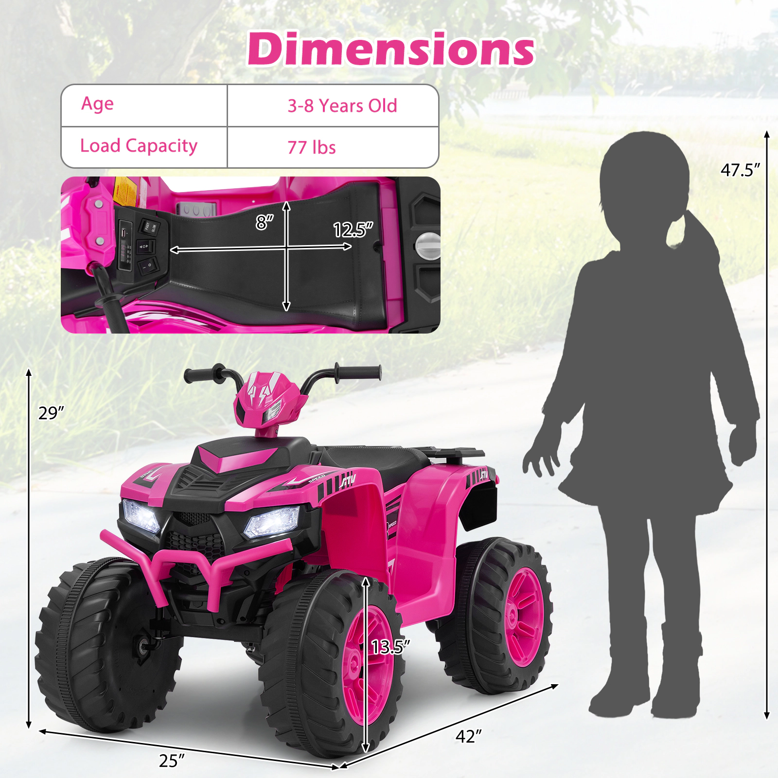 SUGIFT Pink Media Center and 2 Speed Modes for Ages 3-8 24V Kids Ride-On Electric ATV