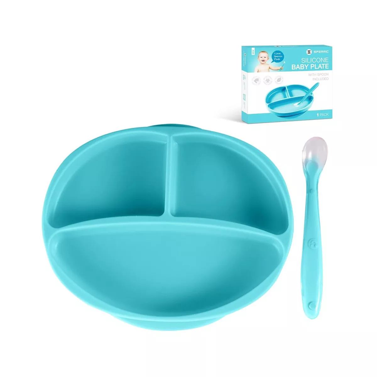 Sperric Silicone Suction Plate for Baby, 100% Food Grade Divided Plate, Self Feeding Training & Spoon 1Set