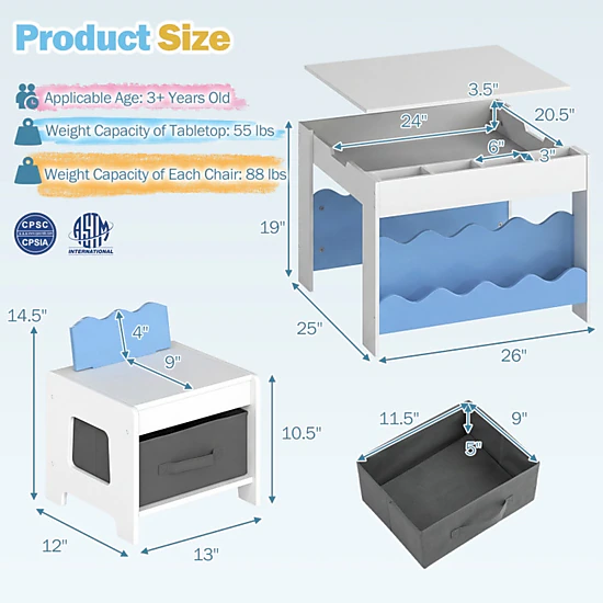 SUGIFT Double-Sided Tabletop Kids Multi-Purpose Activity Table and 2 Chairs Set