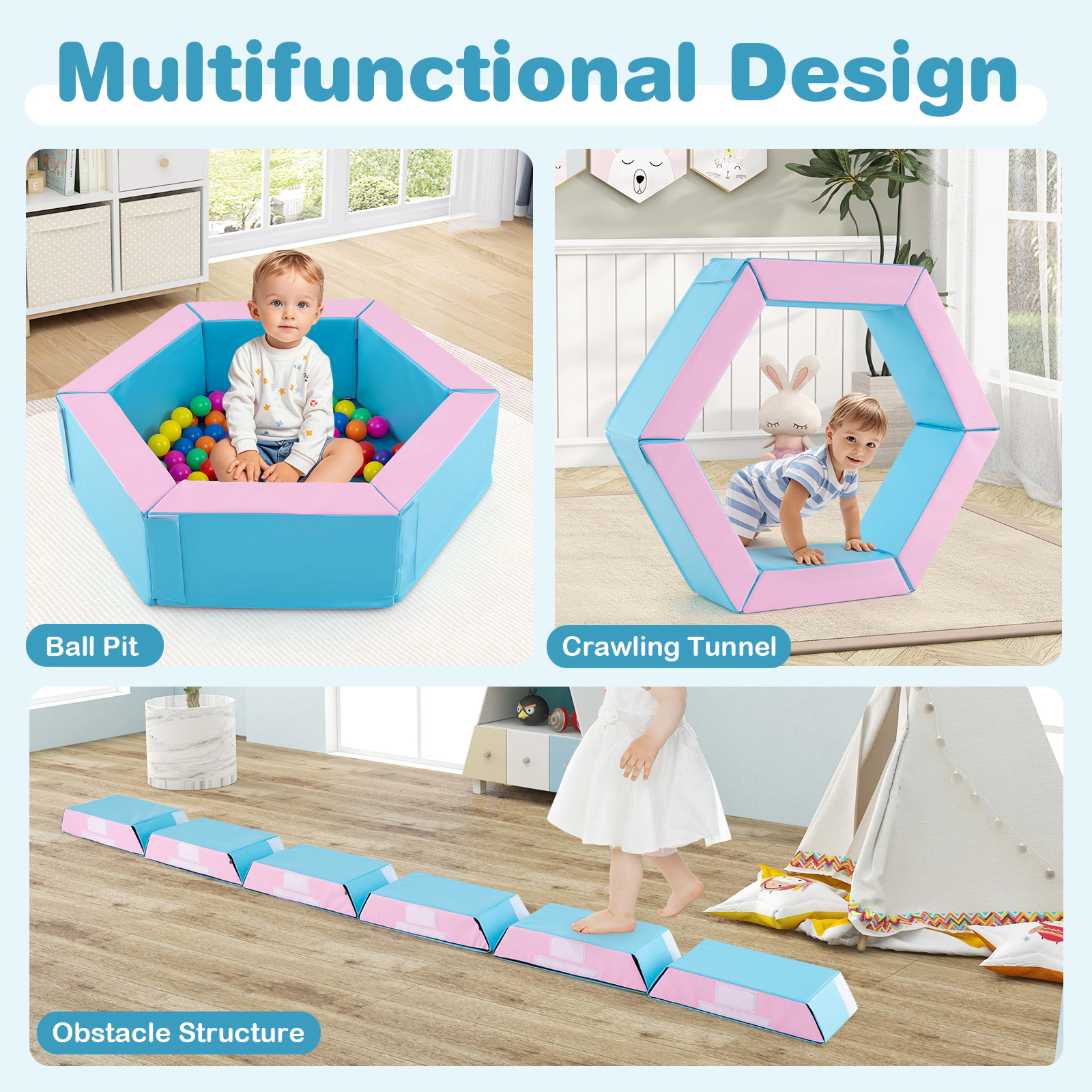 SUGIFT 3-Piece Baby Foam Climbing Blocks Climb and Crawl Set with Ball Pit Ages 1+ Blue