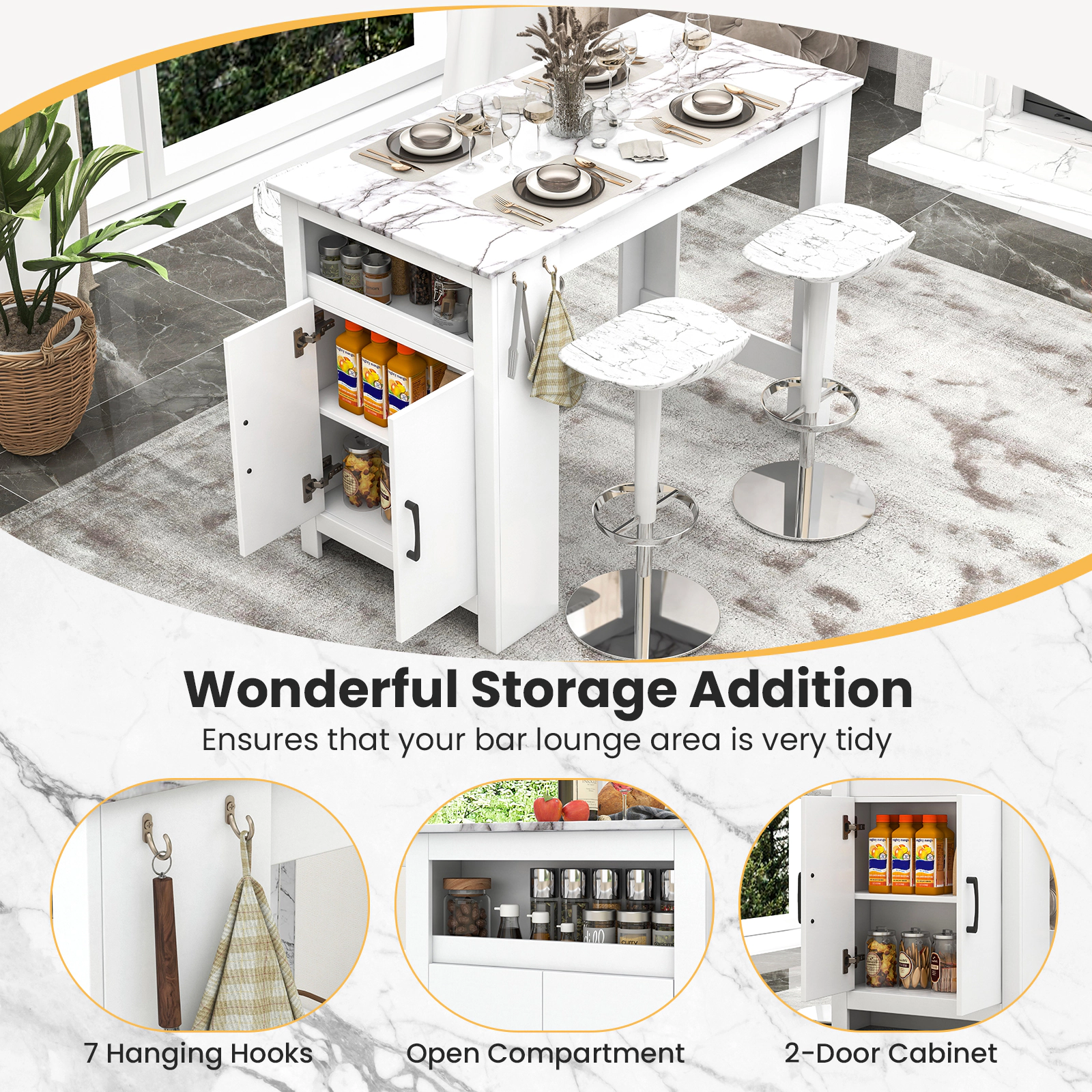 SUGIFT Faux Marble Bar Pub Table Storage Compartment & 7 Hanging Hooks 47-in Frame 220-lb Tabletop Capacity White MDF