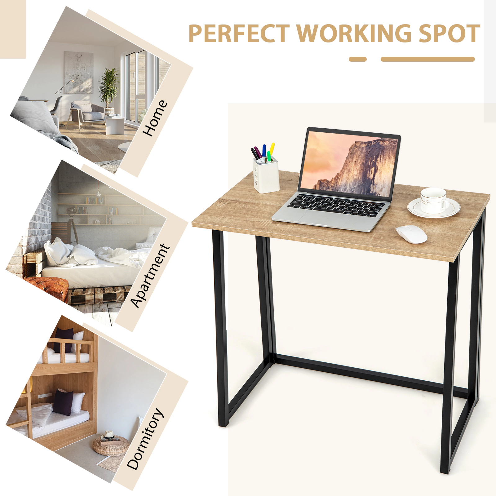 SUGIFT Natural Heavy Duty Metal Frame 31 Inch Space Saving Folding Computer Desk