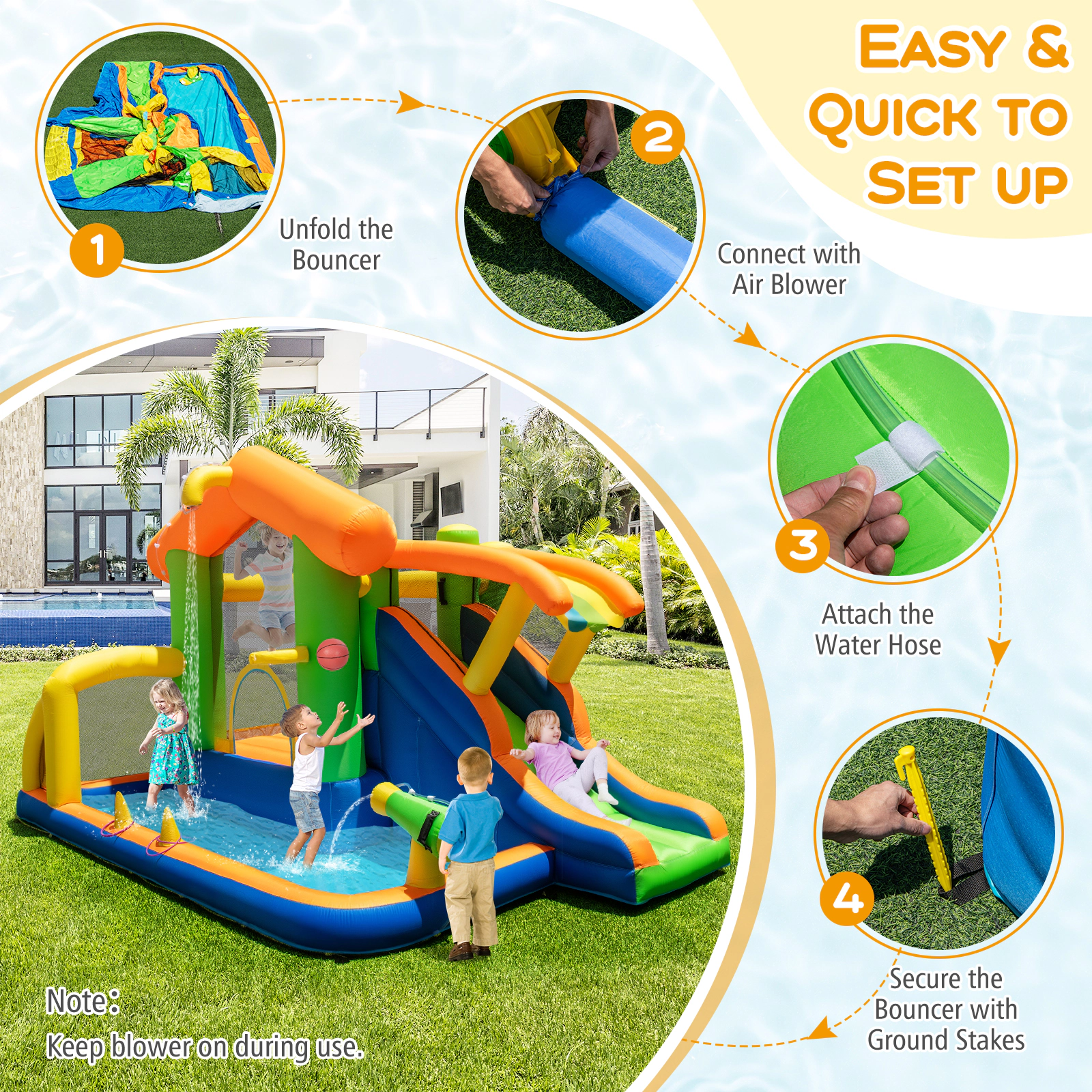 SUGIFT Football Goal and 480W Blower 8-in-1 Kids Inflatable Bounce House Water Park