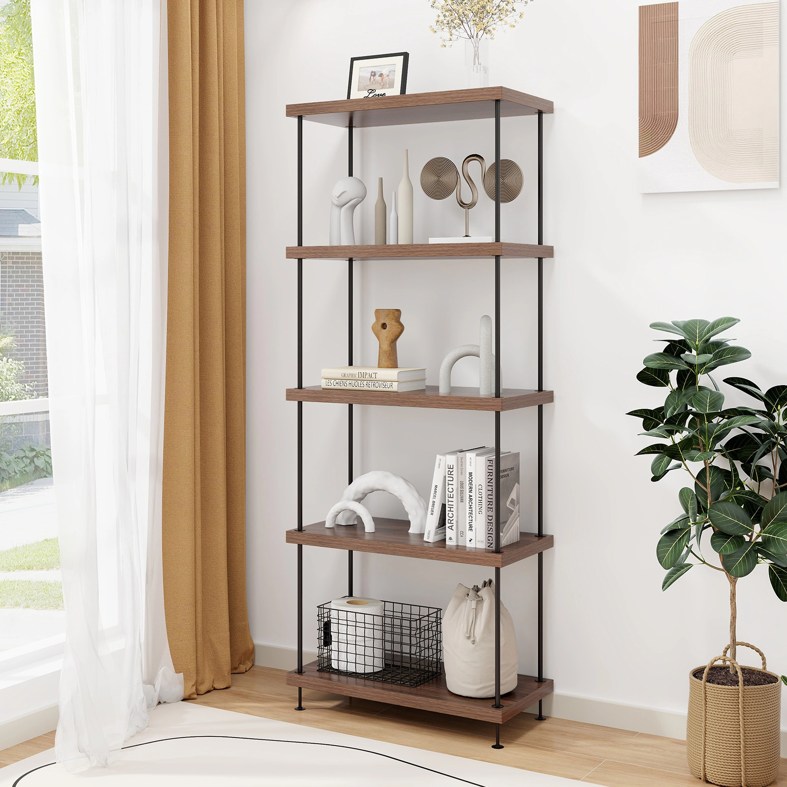 SUGIFT 5-Tier Multipurpose Display Rack Bookcase with Metal Frame 45-lb Shelf Capacity 58-in Tall Walnut