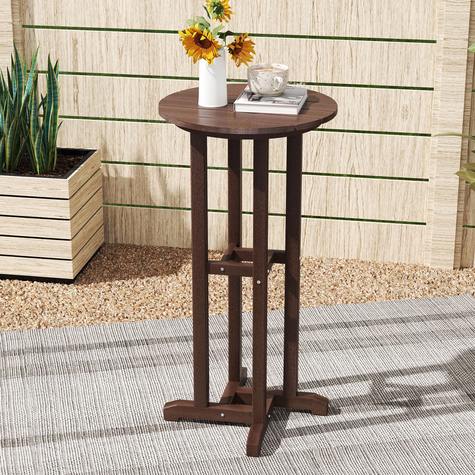 LJG 21.5 Inch Round Bar Table Patio HDPE Height Dining with Slatted Tabletop