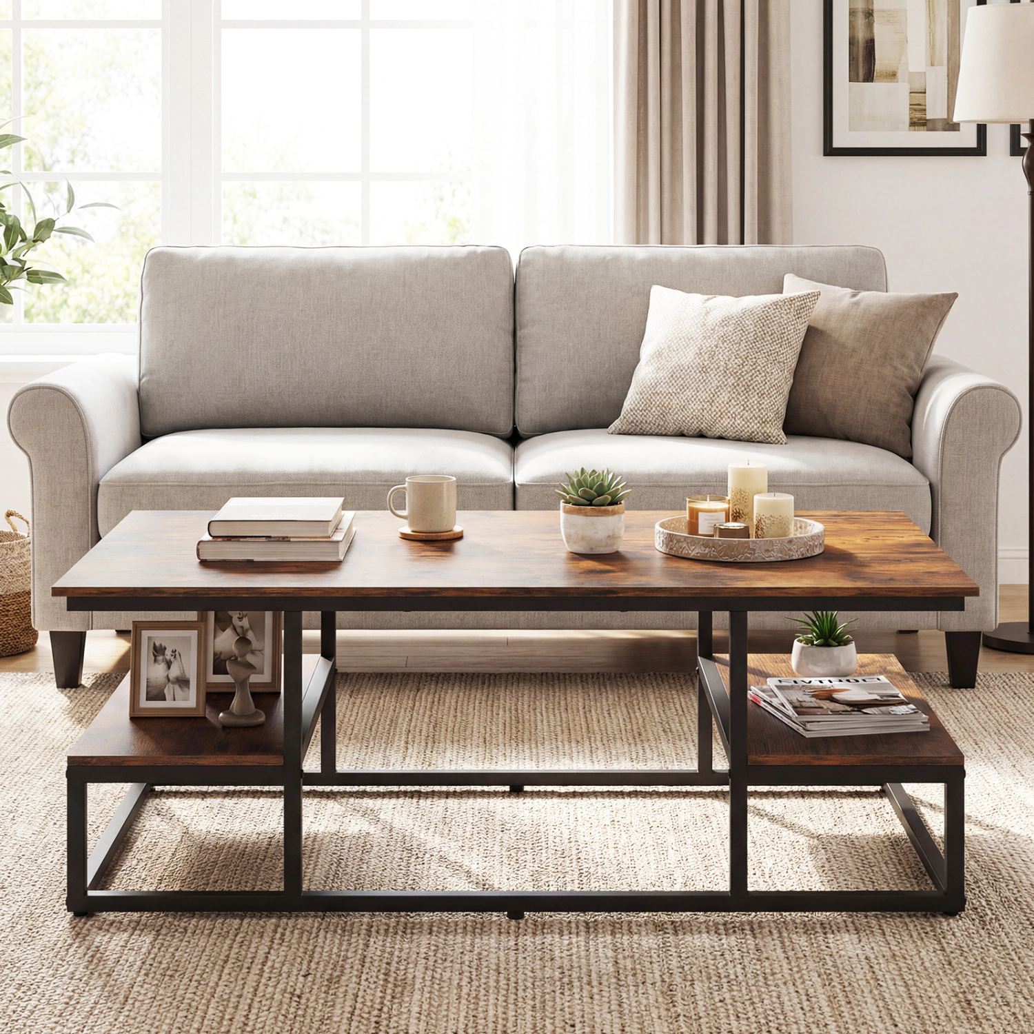 LJG 43" Rectangle Coffee Table with Storage and Open Shelves