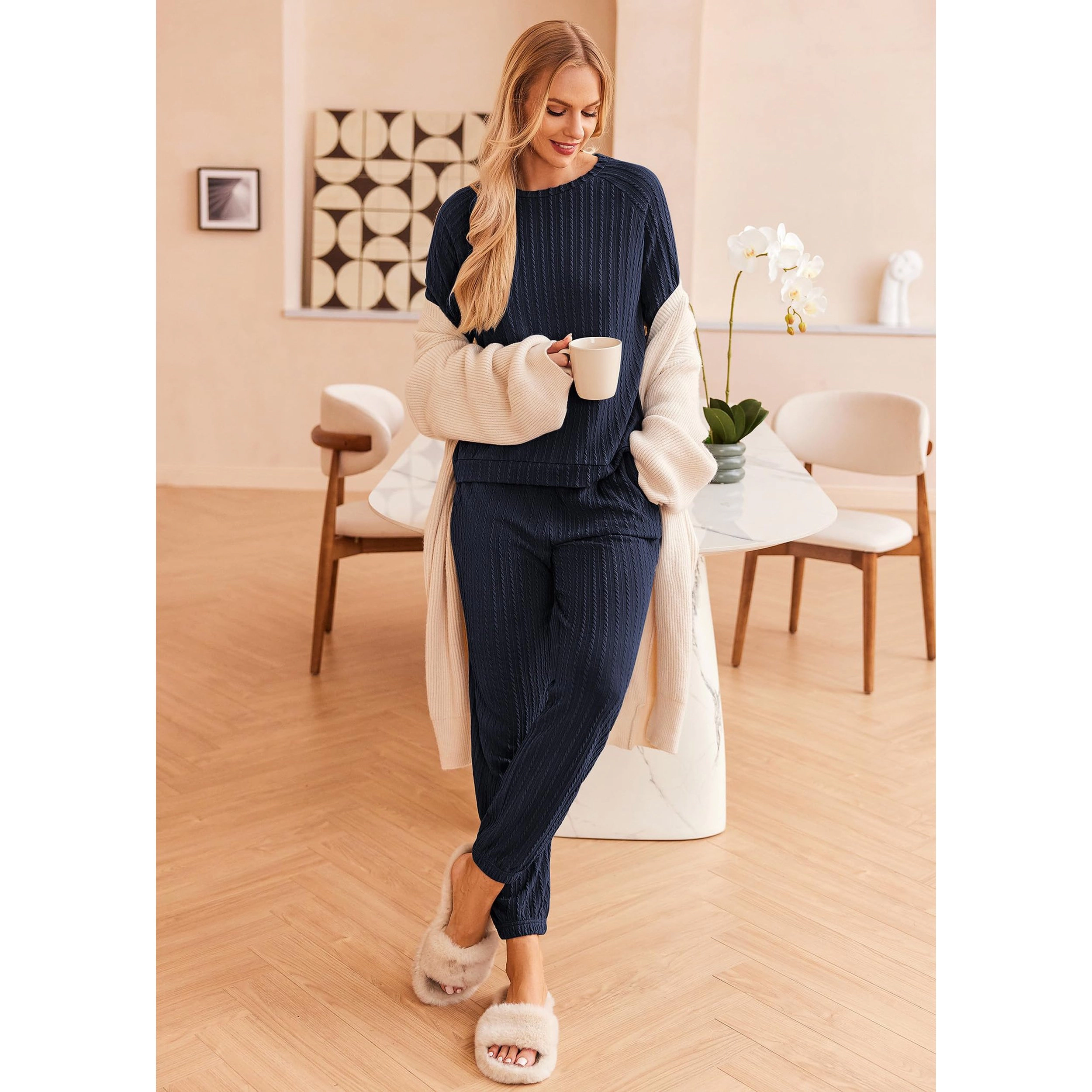 Ekouaer Lounge Sets Ribbed Knit Outfits Pajamas Two Piece Long Sleeve Sweatsuits with Pockets