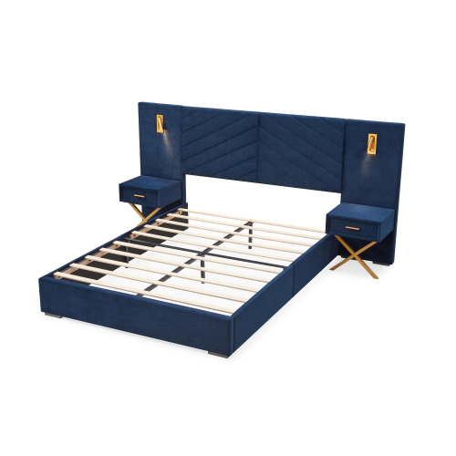 Flynama King Velvet Bed, Channel Tufted Wingback Headboard, Platform with Wooden Slats