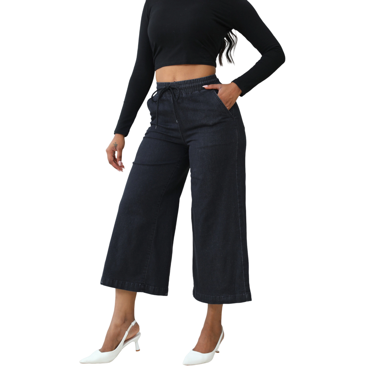 EadianDree Wide Leg Jeans for Womens Elastic Waist Casual Loose High Denim Cropped Pants