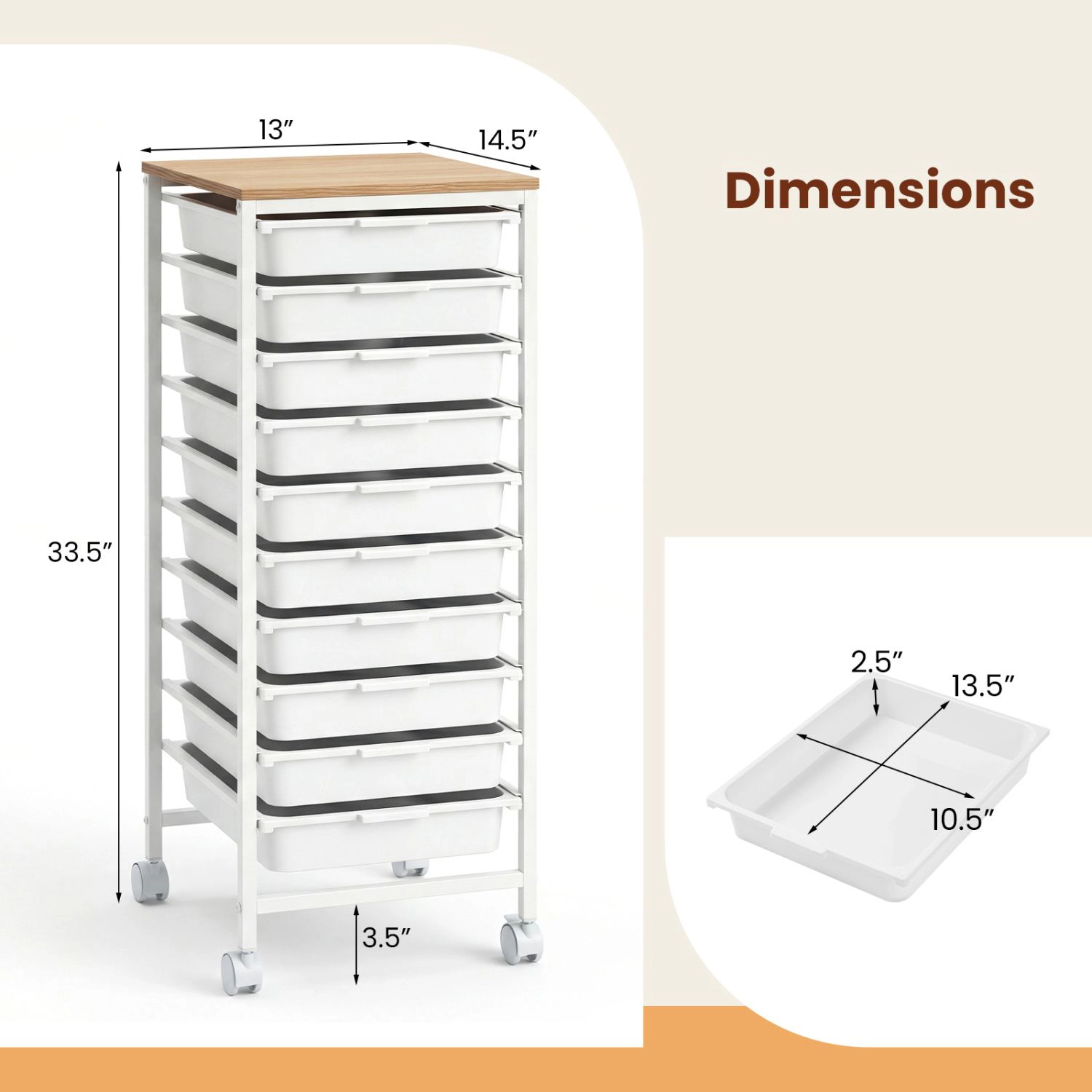 SlickBlue 10 Drawer Rolling Storage Cart with Wooden Top Organizer