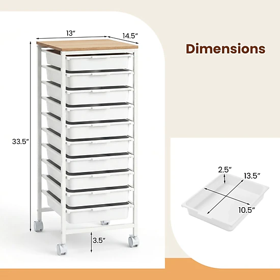 SlickBlue 10 Drawer Rolling Storage Cart with Wooden Top Organizer