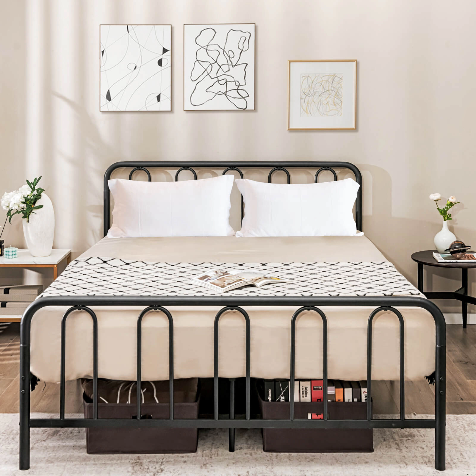 SUGIFT Steel Platform Queen Bed Frame with Headboard and Footboard 1100-lb Capacity 83.5-in Long 40-in Tall Black