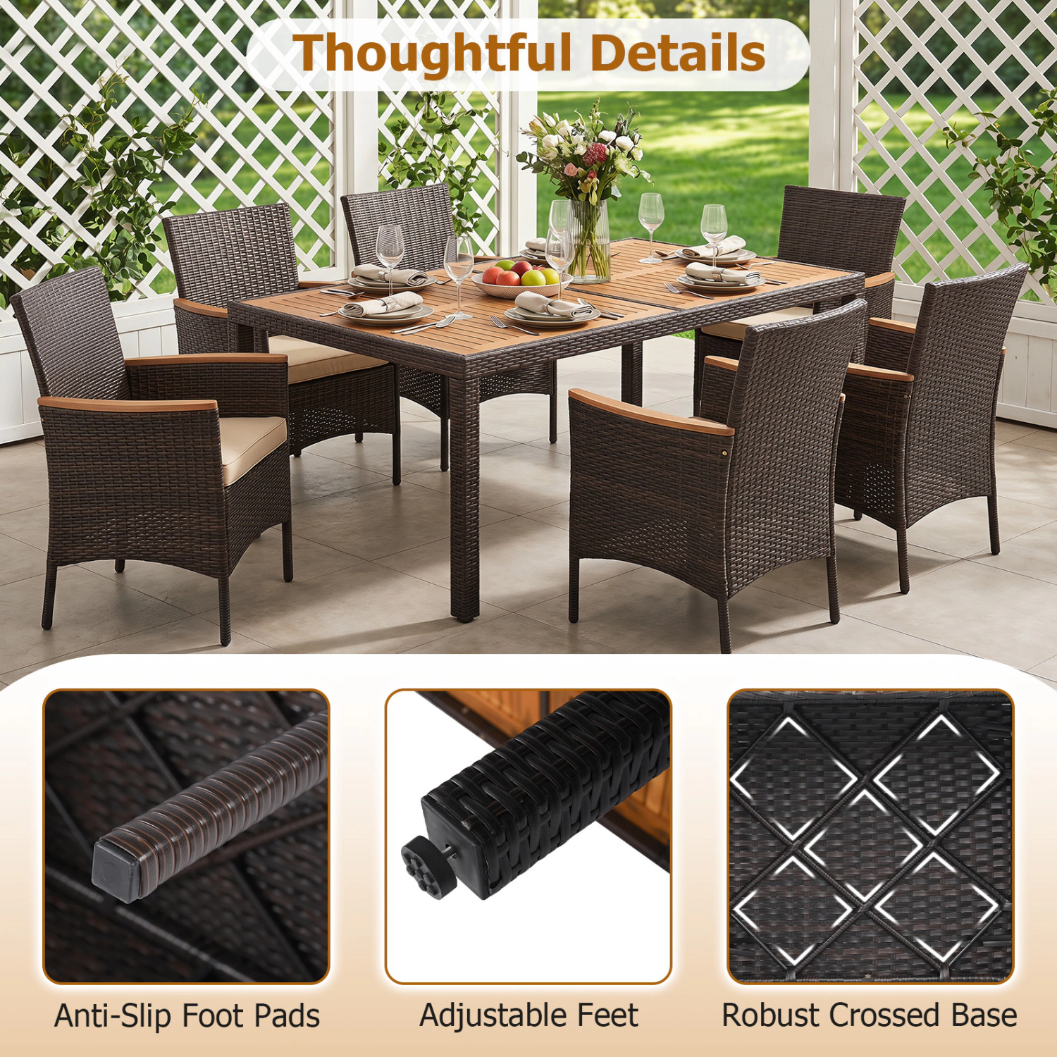 Hivvago 7-Piece Patio Dining Set With Wood Tabletop And Padded Cushion For Backyard