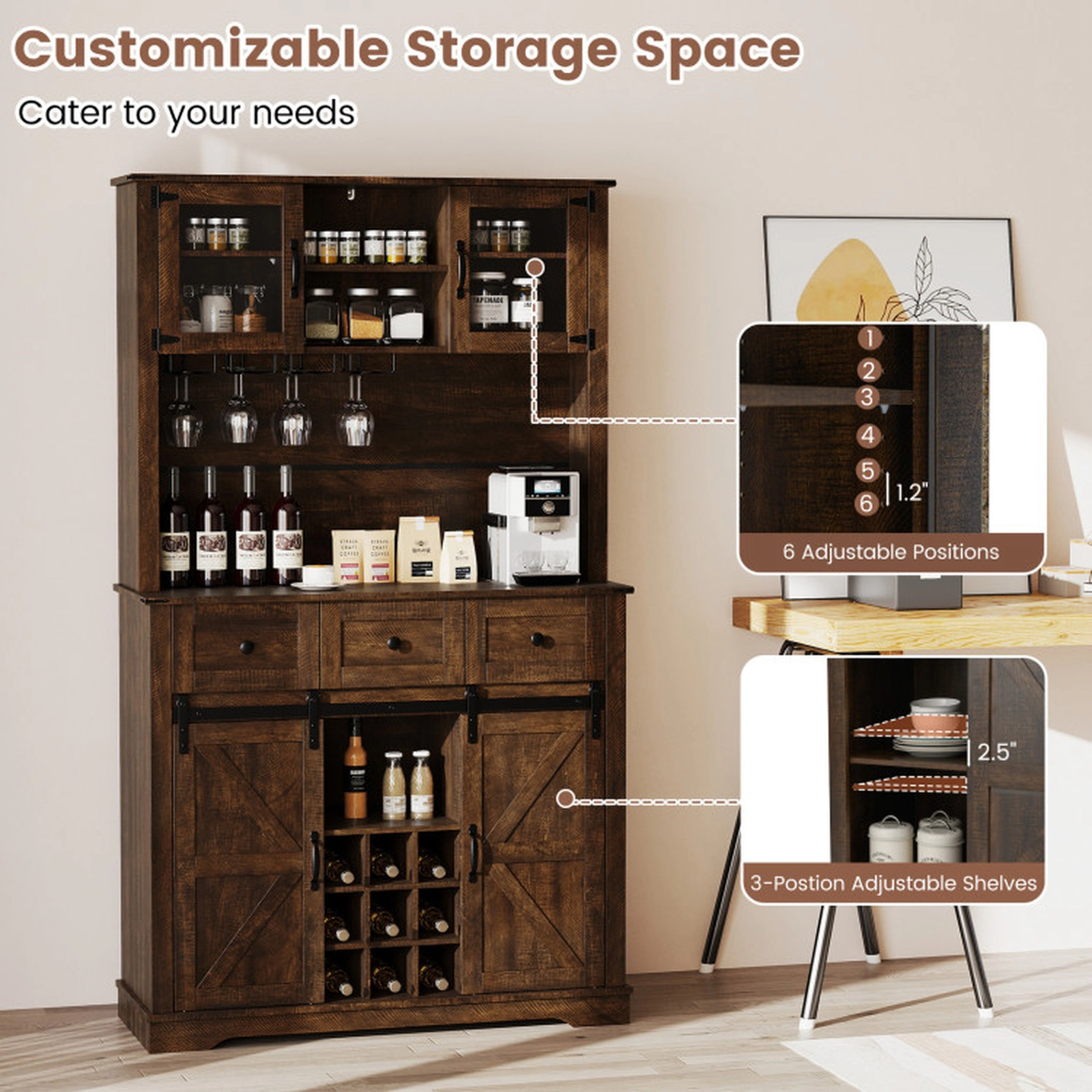 SUGIFT Coffee Bar Sideboard Cabinet with Glass Hutch Drawers Wine Rack 150-lb Countertop Capacity Brown