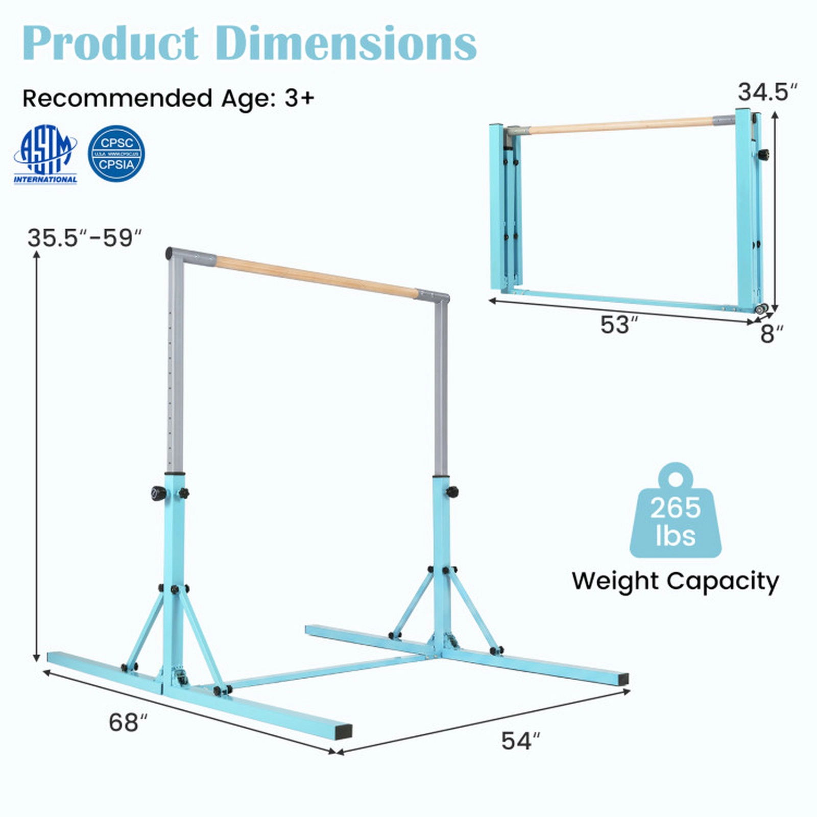 SUGIFT Kids Green Folding Gymnastics Bar with 13-Level Adjustable Height 68-in W 54-in D 265-lb User Capacity