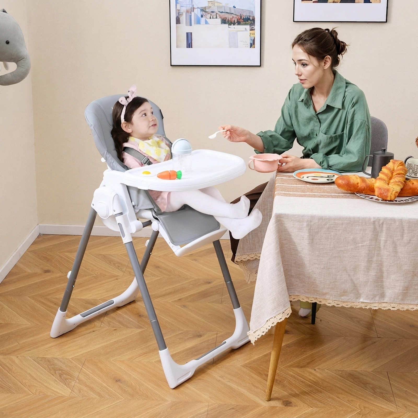 Adjustable Baby High Chair Independent Height Backrest and Footrest Settings PU Cushion Compact Fold Light Gray