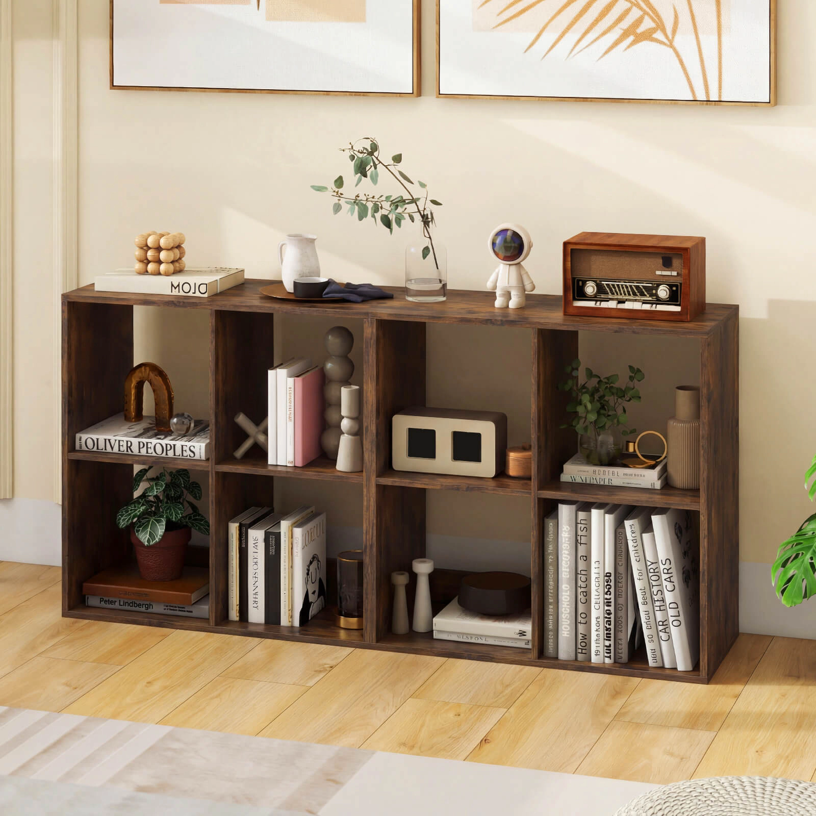 Costway 4-Cube Bookshelf, Modern Cubby Bookcase with Back Guardrail & Anti-tipping Kits Natural
