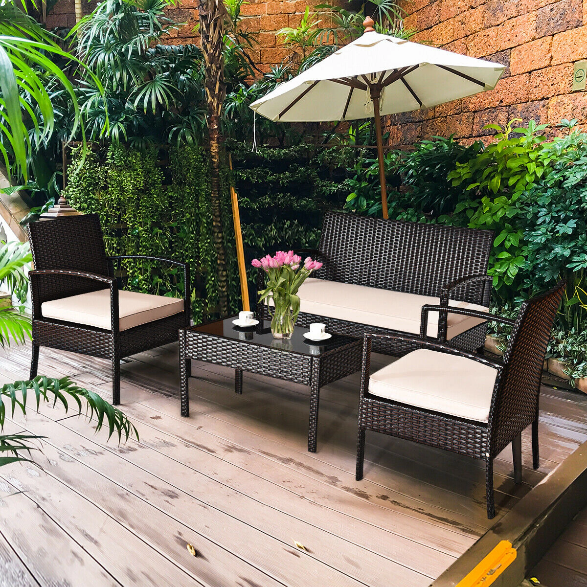LJG 4 Pieces Patio Rattan Conversation Set with Loveseat Sofas and Coffee Table
