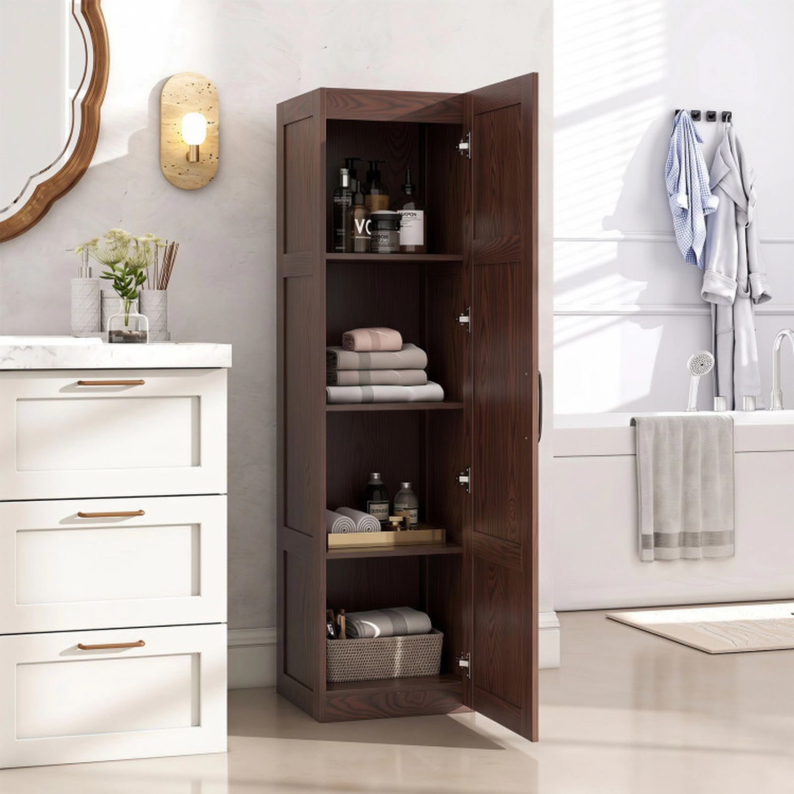 SUGIFT Single Door 4 Storage Shelves Tall Narrow Bathroom Floor Cabinet 16-in x 15-in x 59-in 110-lb Capacity Brown