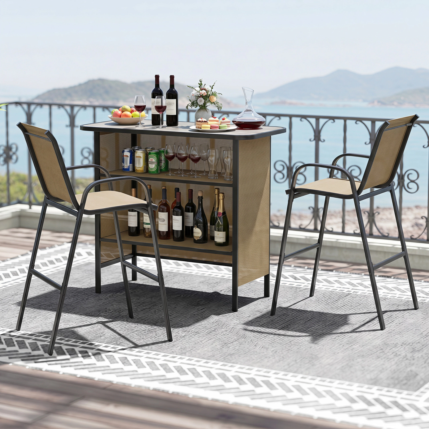LJG 3 Piece Outdoor Bar Set with Footrest and 2-Tier Shelf