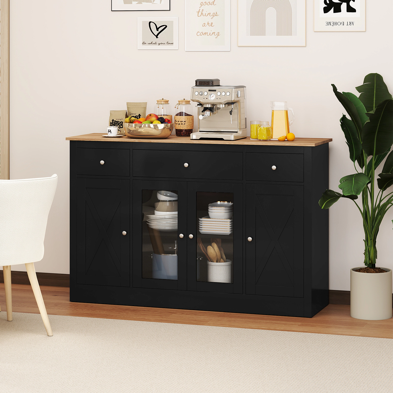 LJG 55" Buffet Sideboard Kitchen Storage Cabinet with 3 Drawers, 2 See-Through Doors and Adjustable Shelves