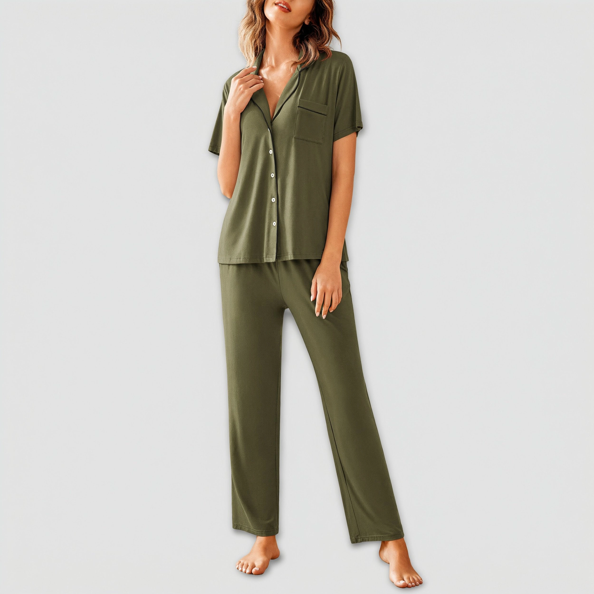 Avidlove Women's Notch Collar Short Sleeve Button Down Set with Long Drawstring Pants