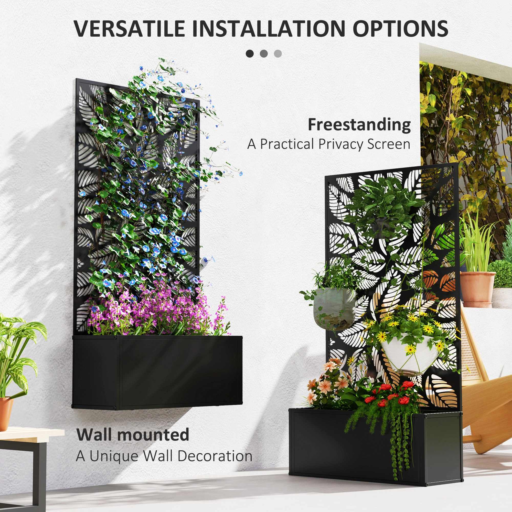 HONGGE Metal Garden Bed with Trellis for Climbing Plants, Freestanding or Wall Mounted Flower Bed for Garden, Patio