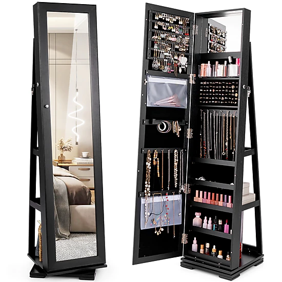 Hivvago Jewelry Organizer Cabinet With Full Length Mirror and Rotatable Storage