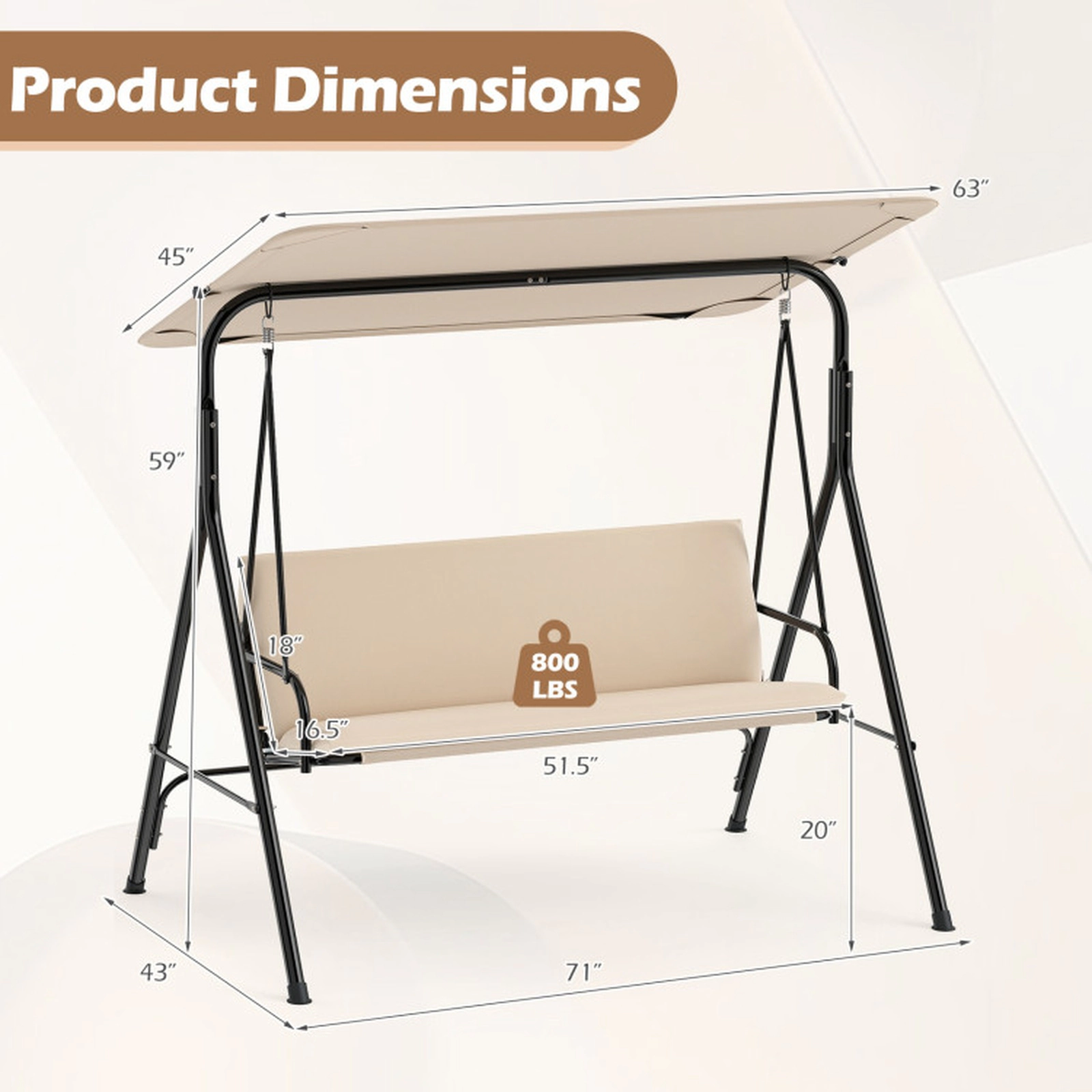 SUGIFT Beige 3-Seat Patio Swing with Breathable Mesh, Removable Cushion, Adjustable Canopy, 800 lb Capacity