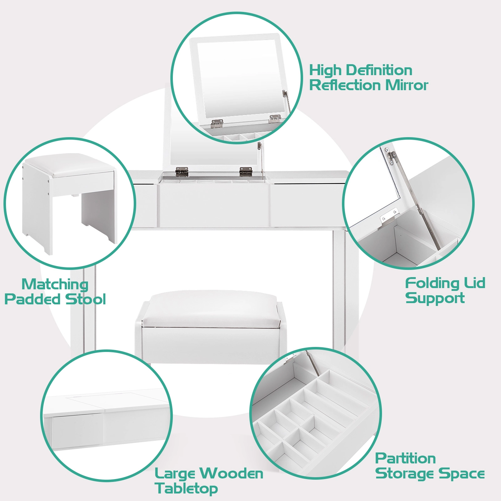 SUGIFT 35.4-in White Flip Top Vanity Makeup Dressing Table Set with Hidden Storage and Cushioned Stool