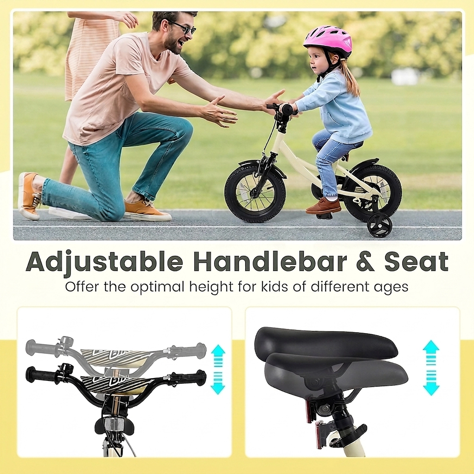 12-in Kids Bike with Removable Training Wheels Anti-Slip Pedals Reflectors and Bell for Ages 3-4 Adjustable Kids Bicycle