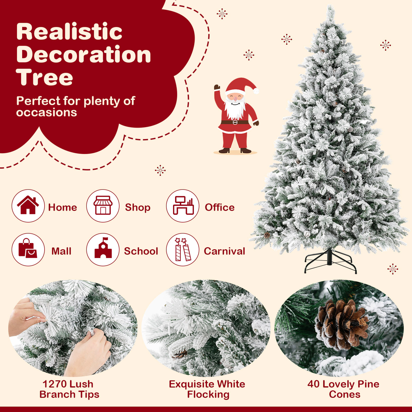 SUGIFT 7-ft Snow Flocked Pre-Lit Artificial Christmas Tree with 40 Pine Cones 1270 Tips and 320 LED Lights
