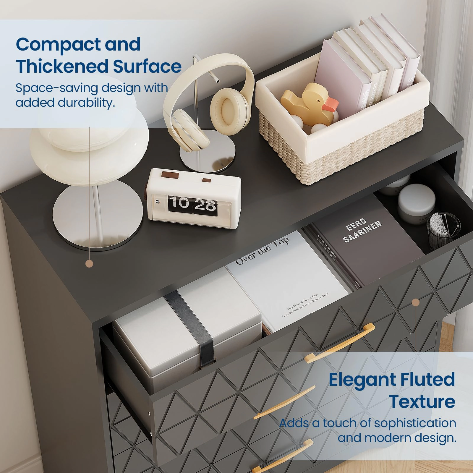 4 Drawer Wooden Dresser with Gold Handles, Modern Nightstand & Storage Organizer for Bedroom