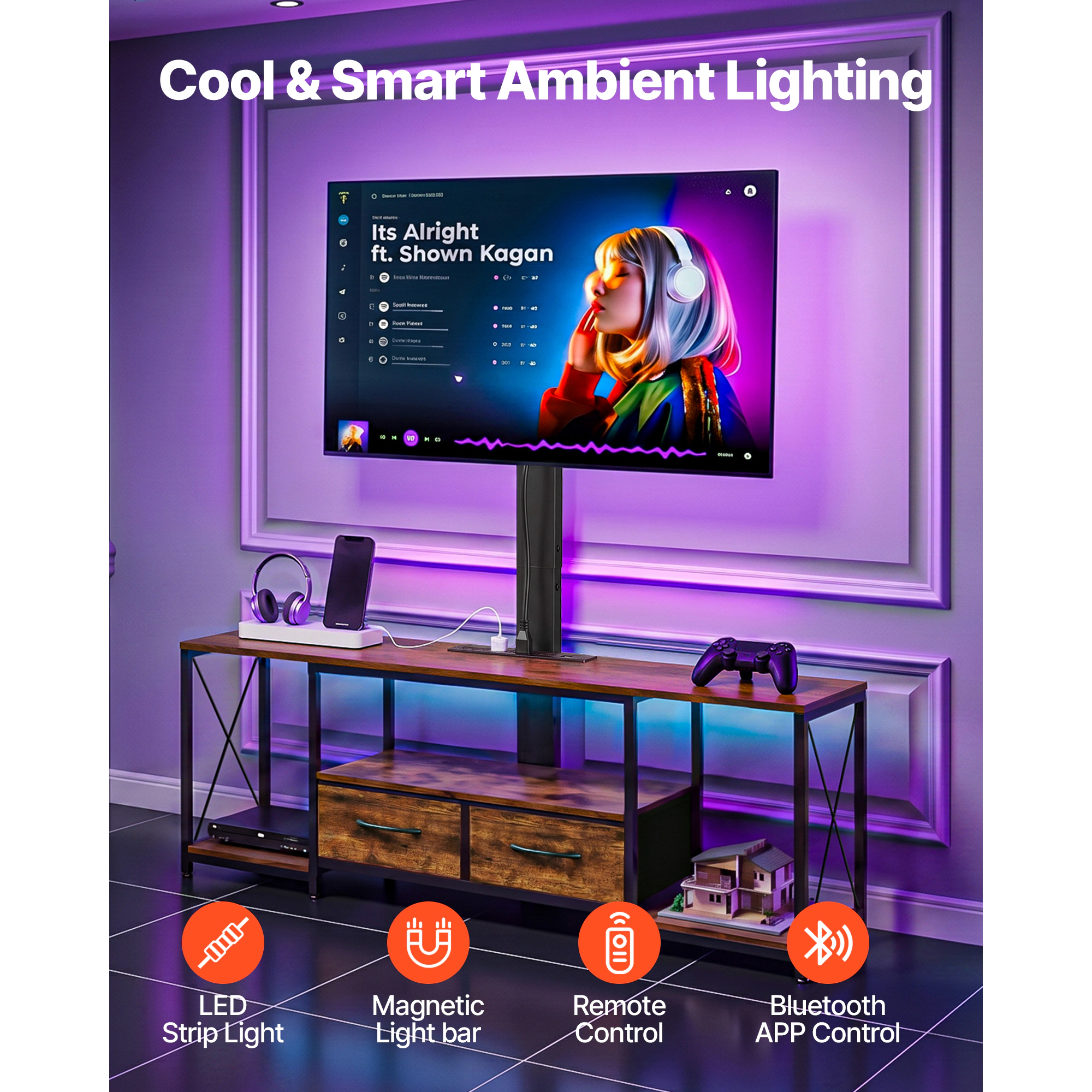 HONGGE TV Stand Console with Power Outlet for 32-75 Inch TVs, Height Adjustable Entertainment Center with Storage