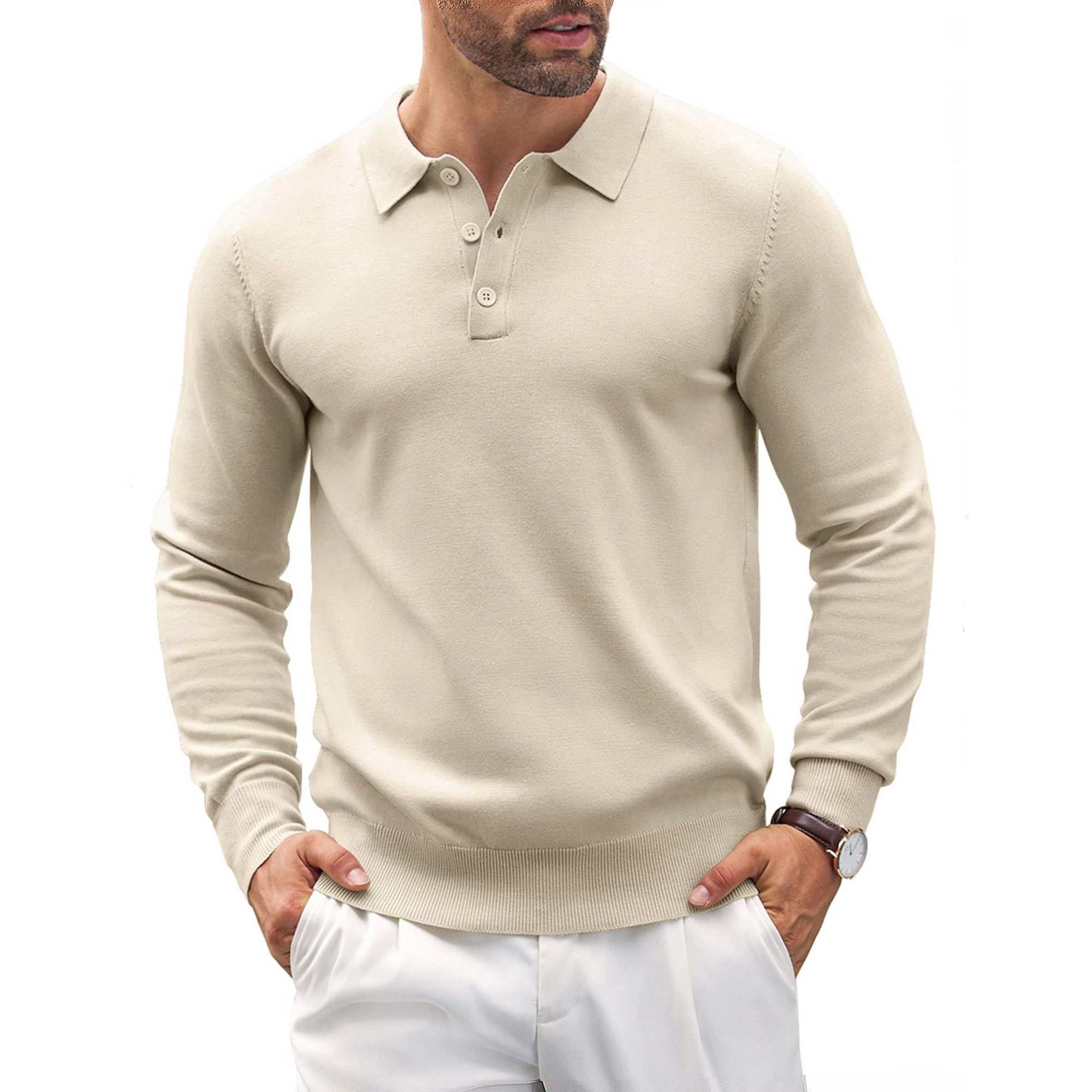 COOFANDY Classic Long Sleeve Polo Sweater Fall Button Collar Casual Pullover
