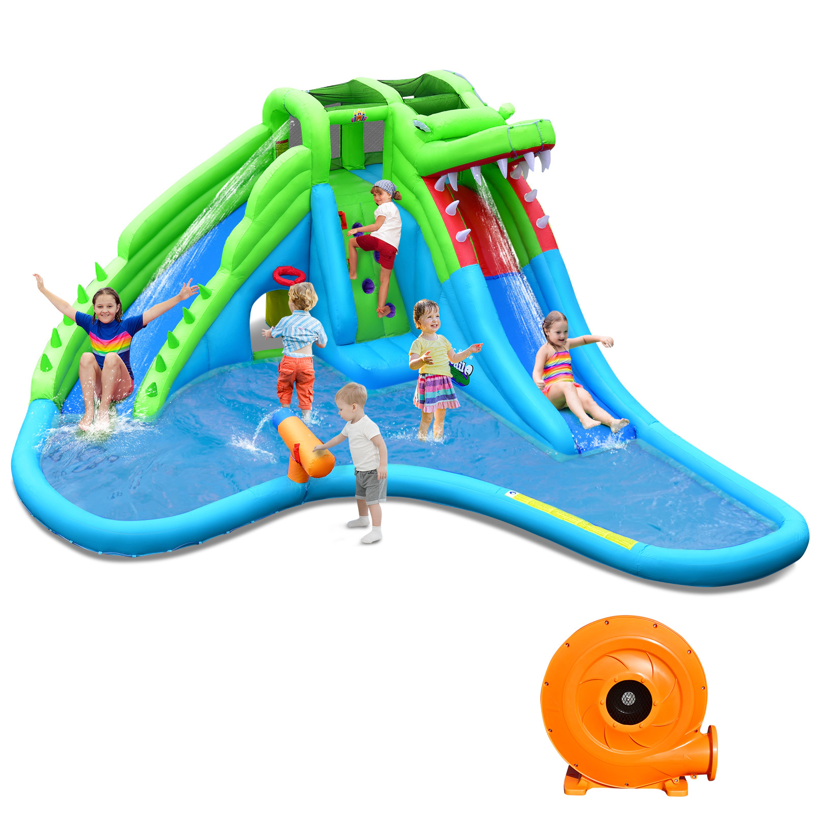 SUGIFT Inflatable Crocodile Style Water Slide Kids Bounce Castle 300-lb Capacity Ages 3-10 Blue Green with 780W Blower