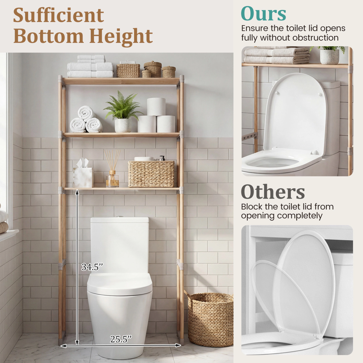 Slickblue Over Toilet Bathroom Shelf 3-Tier 58.5in Pine Wood Grey Storage Rack Laundry