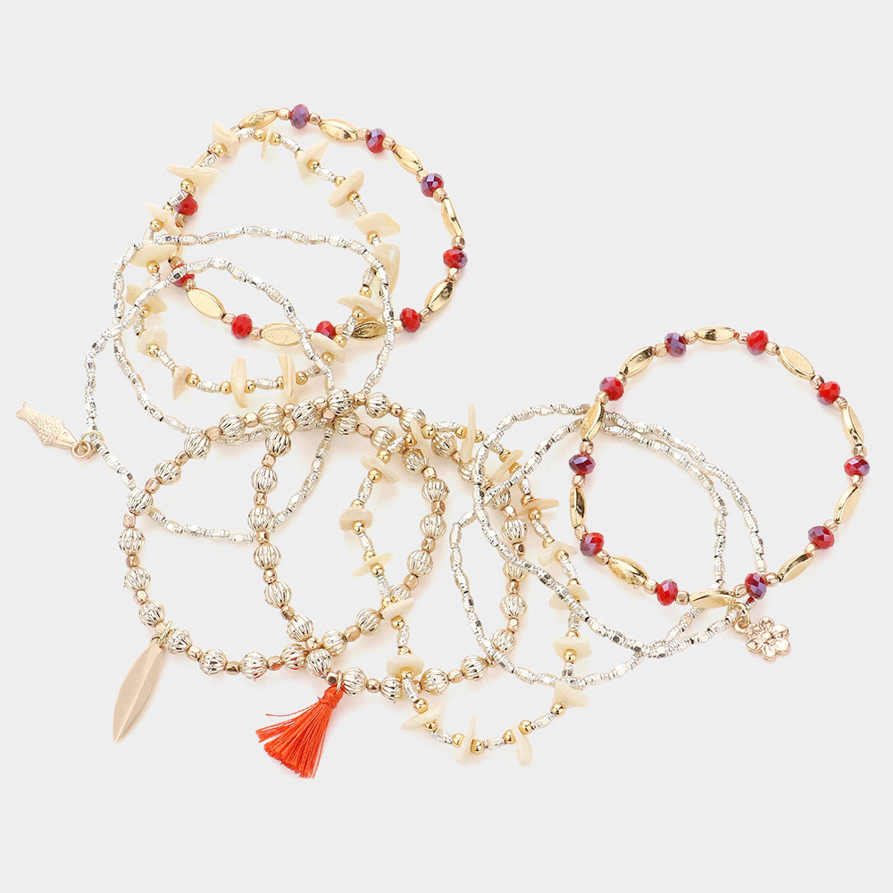 FASHNZFAB 10PCS - Swirl Metal Charm Mother Of Pearl Beaded Fish Flower Charms Stretch Multi Layered Bracelets
