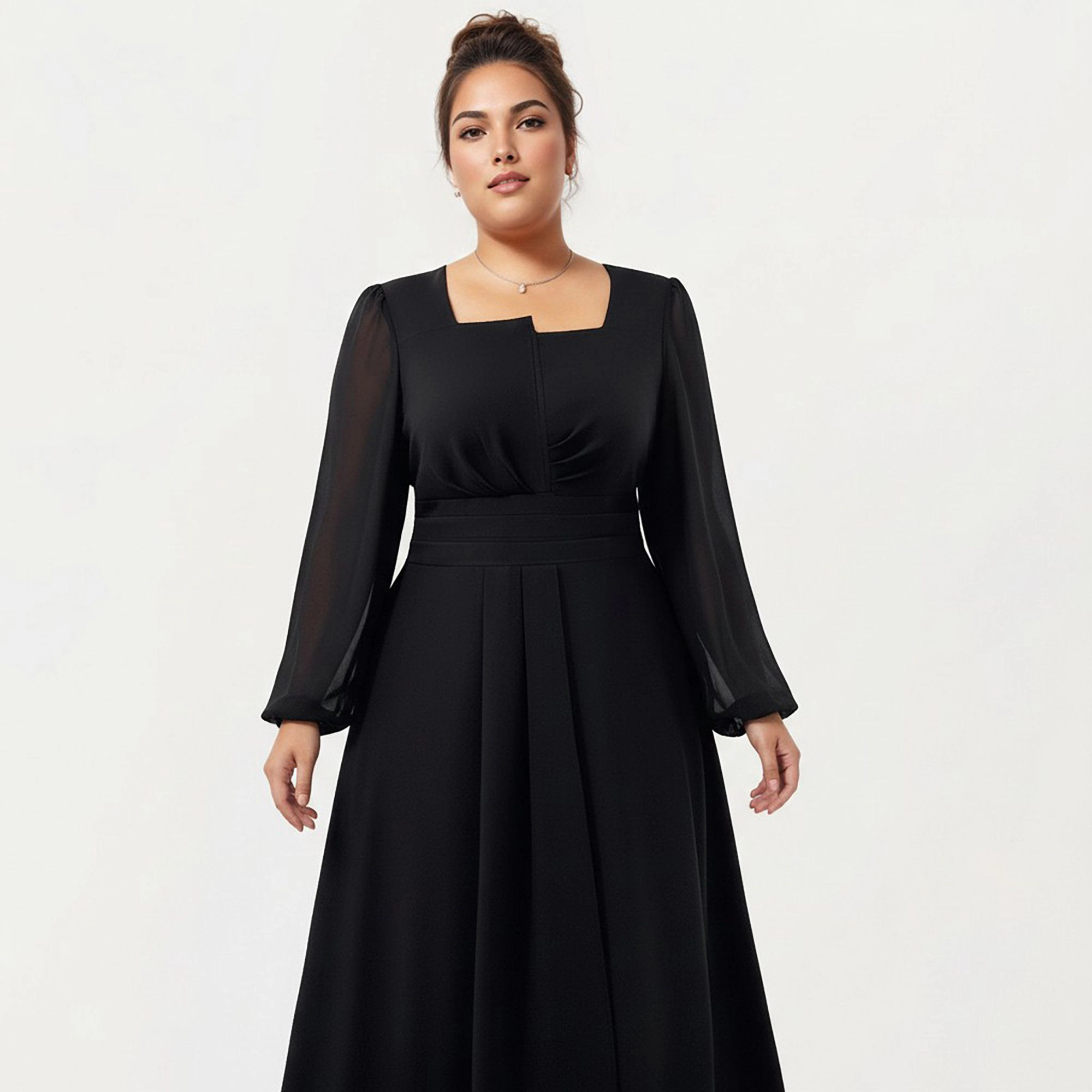 Anna-Kaci Women's Plus Size Long Sleeve Square Neck Pleated Waist Detail Flowy A Line Silhouette Midi Dress