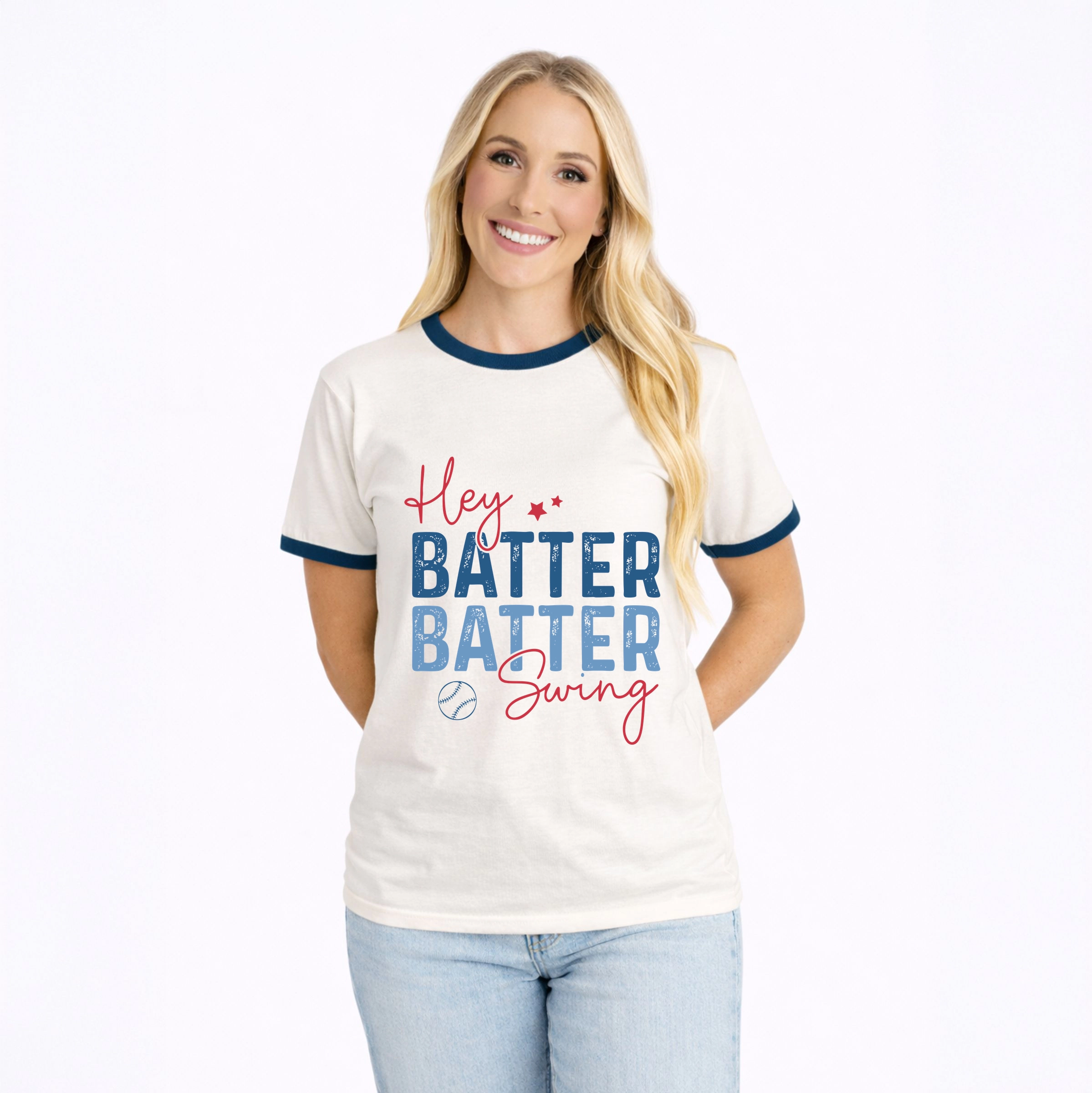 Simply Sage Market - Hey Batter Swing Distressed Women's Ringer Graphic T-Shirt