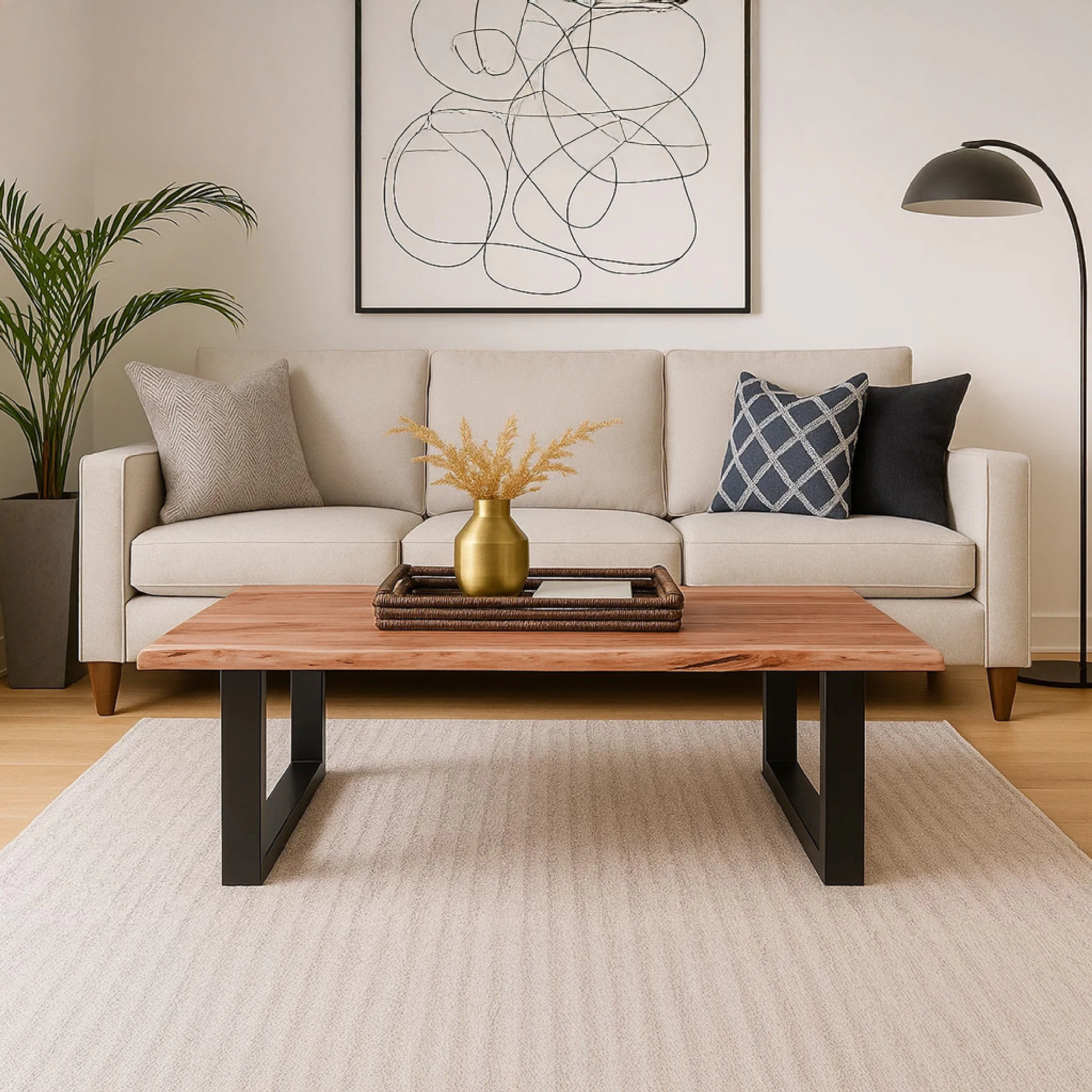 The Urban Port 45 Inch Acacia Wood Rectangular Coffee Table, Live Edge, Black Powder Coated Metal Base, Natural Brown