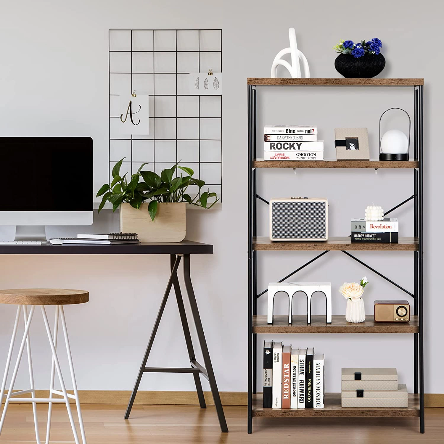 SUGIFT 5-Tier Industrial Bookshelf 63.5 with Back X-Brace Steel Frame
