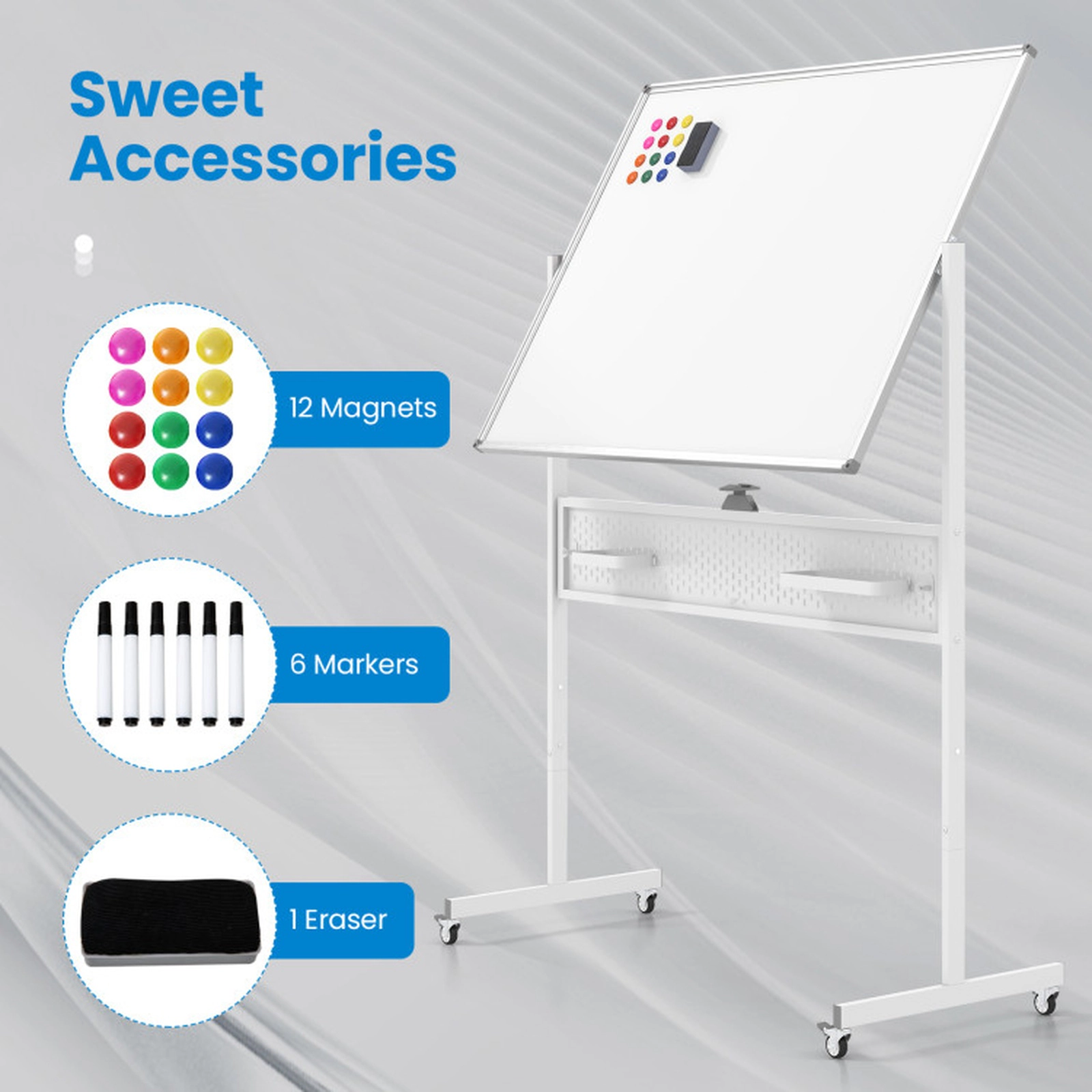 SUGIFT 48-in x 36-in Double-Sided Mobile Magnetic Whiteboard with Pegboard and Adjustable Height