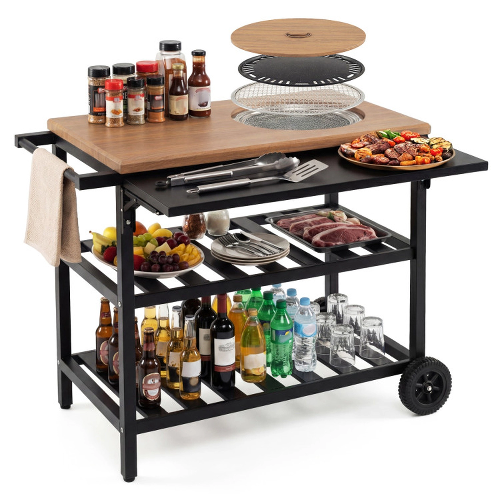SUGIFT Wood-Grain Outdoor Dining Cart with Charcoal BBQ Grill Foldable Side Panel and 2 Lower Shelves